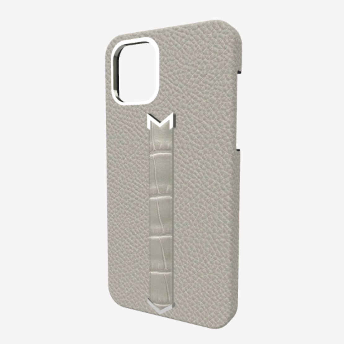 Silver Finger Strap Case for iPhone 13 in Genuine Calfskin and Alligator 