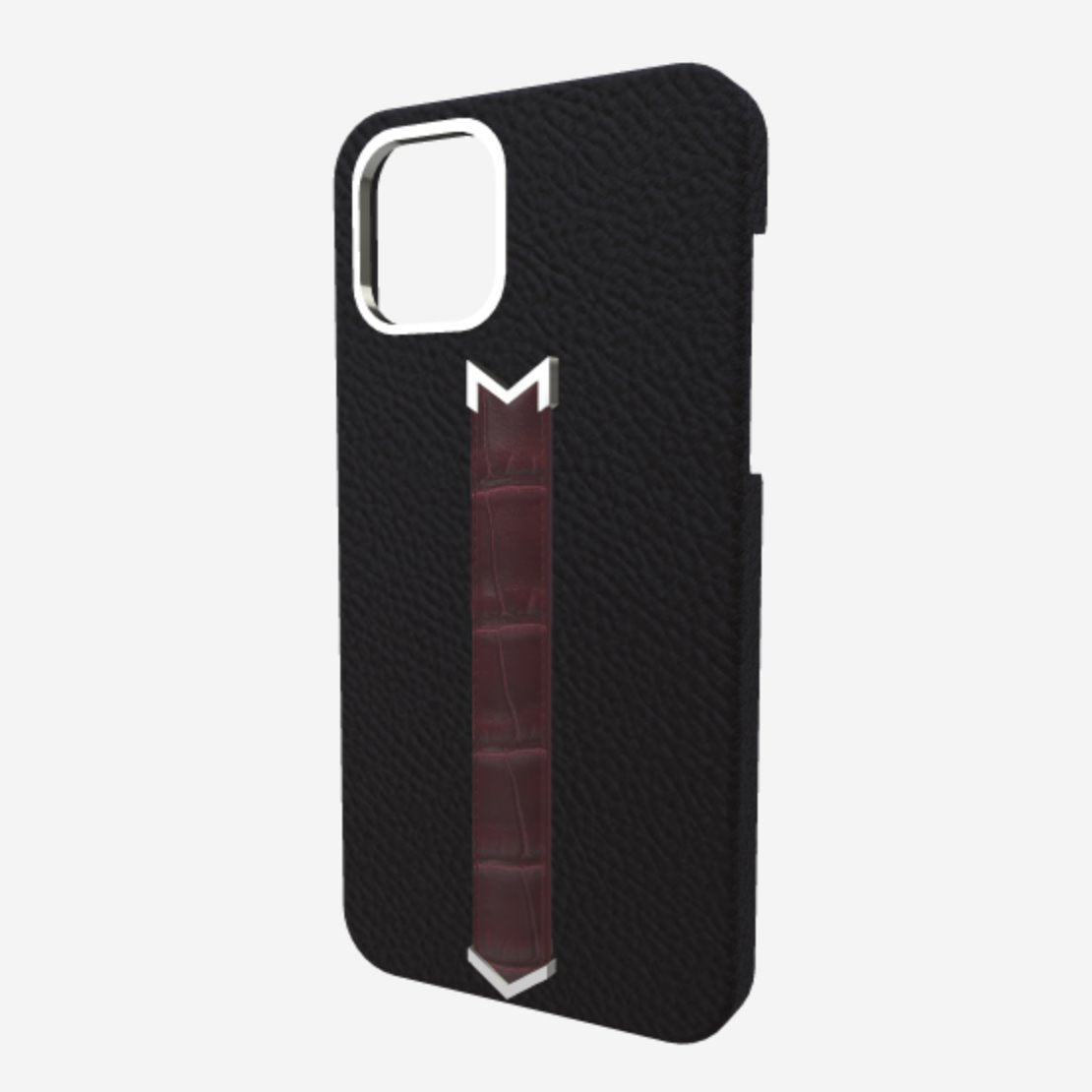 Silver Finger Strap Case for iPhone 13 in Genuine Calfskin and Alligator 