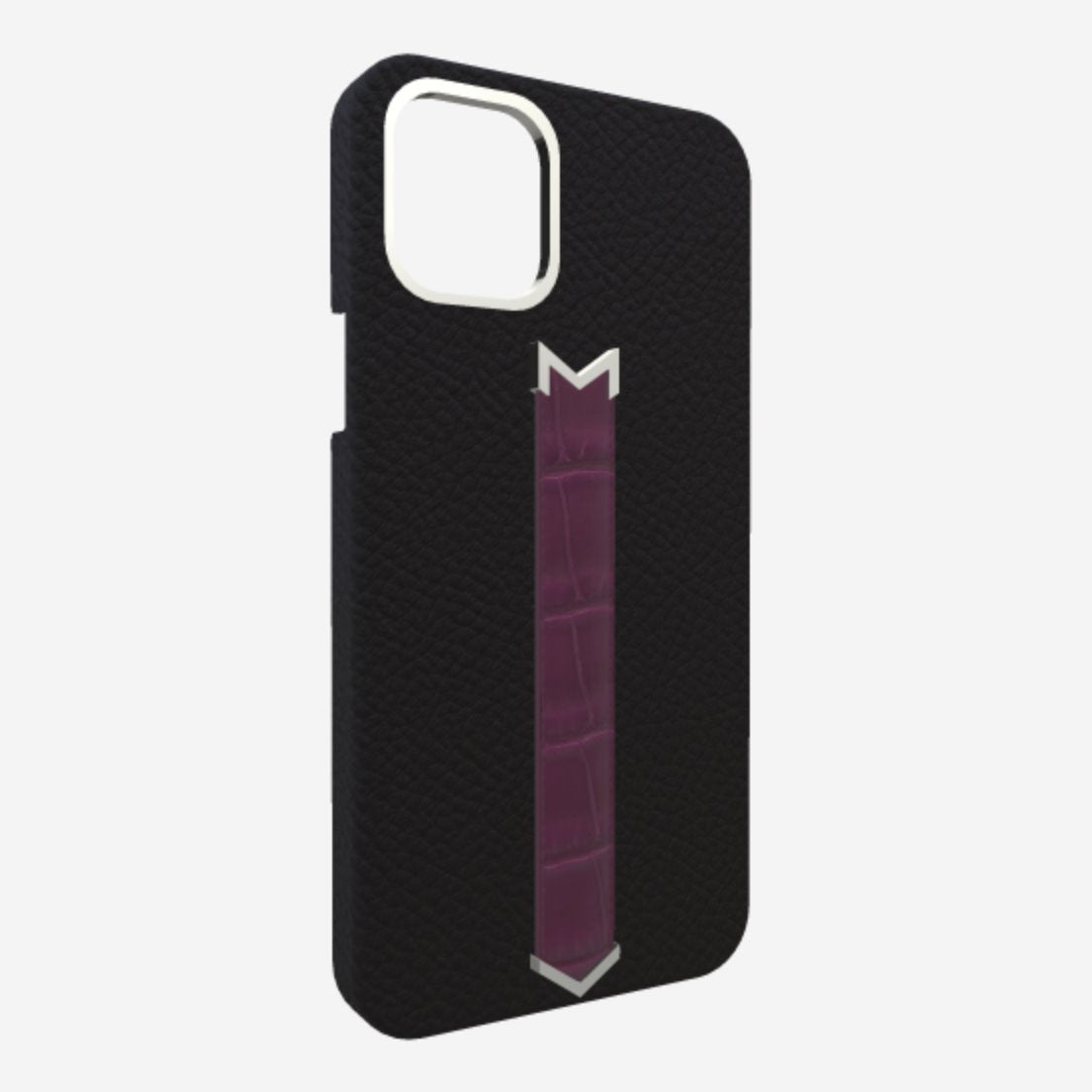 Silver Finger Strap Case for iPhone 13 in Genuine Calfskin and Alligator Bond-Black Boysenberry-Island 