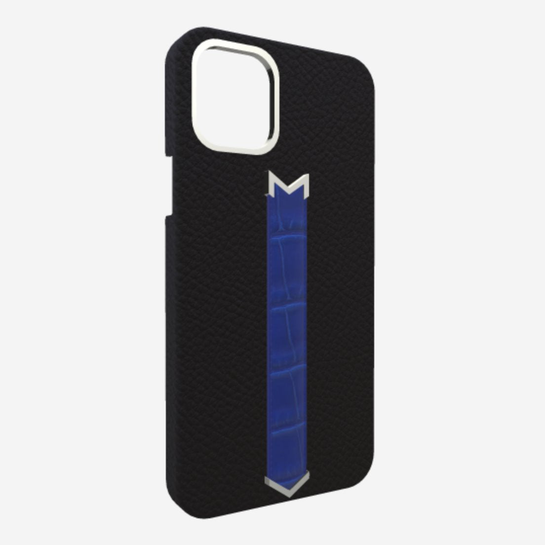 Silver Finger Strap Case for iPhone 13 in Genuine Calfskin and Alligator Bond-Black Electric-Blue 