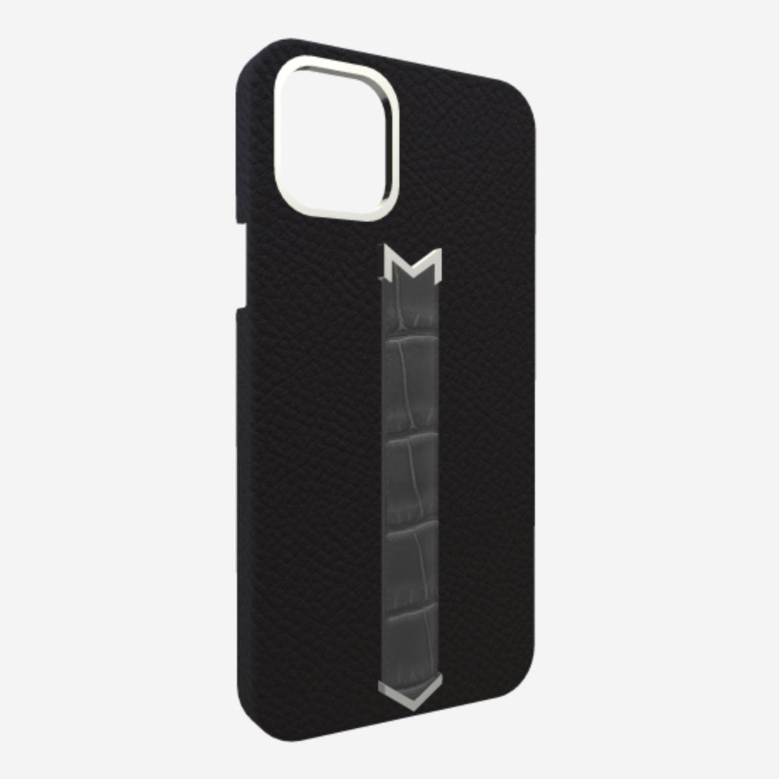 Silver Finger Strap Case for iPhone 13 in Genuine Calfskin and Alligator Bond-Black Elite-Grey 
