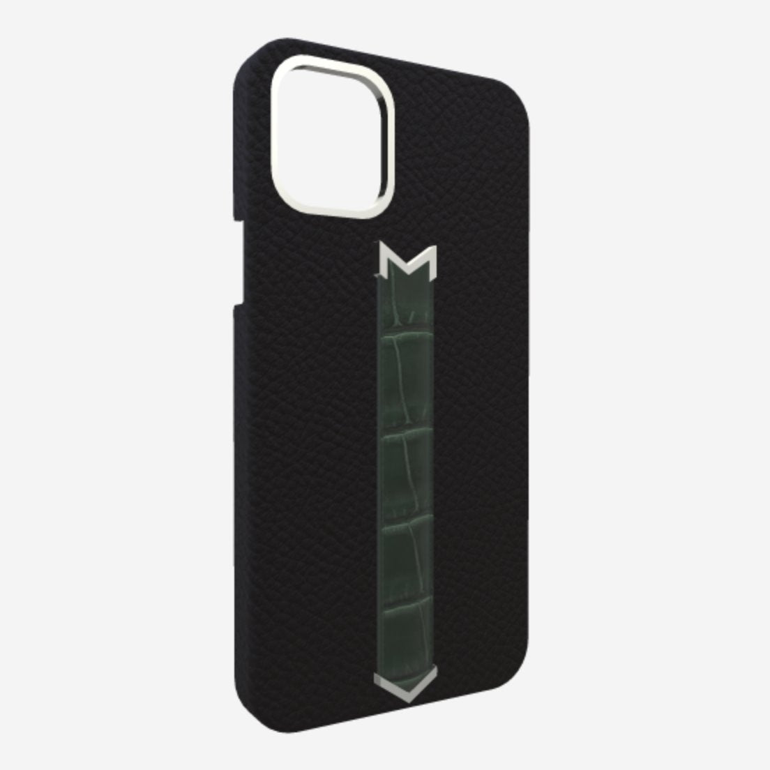 Silver Finger Strap Case for iPhone 13 in Genuine Calfskin and Alligator Bond-Black Jungle-Green 