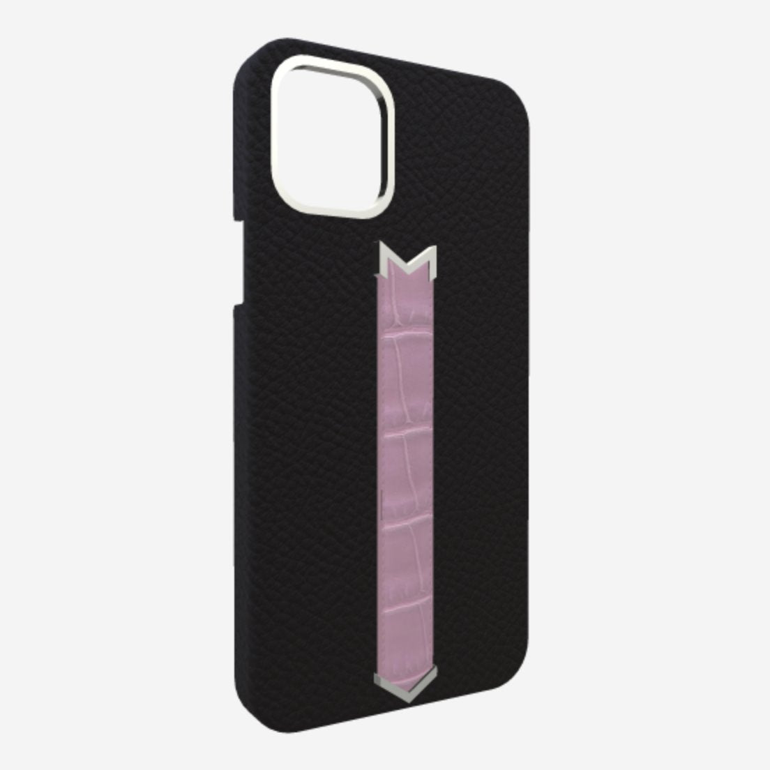 Silver Finger Strap Case for iPhone 13 in Genuine Calfskin and Alligator Bond-Black Lavender-Laugh 