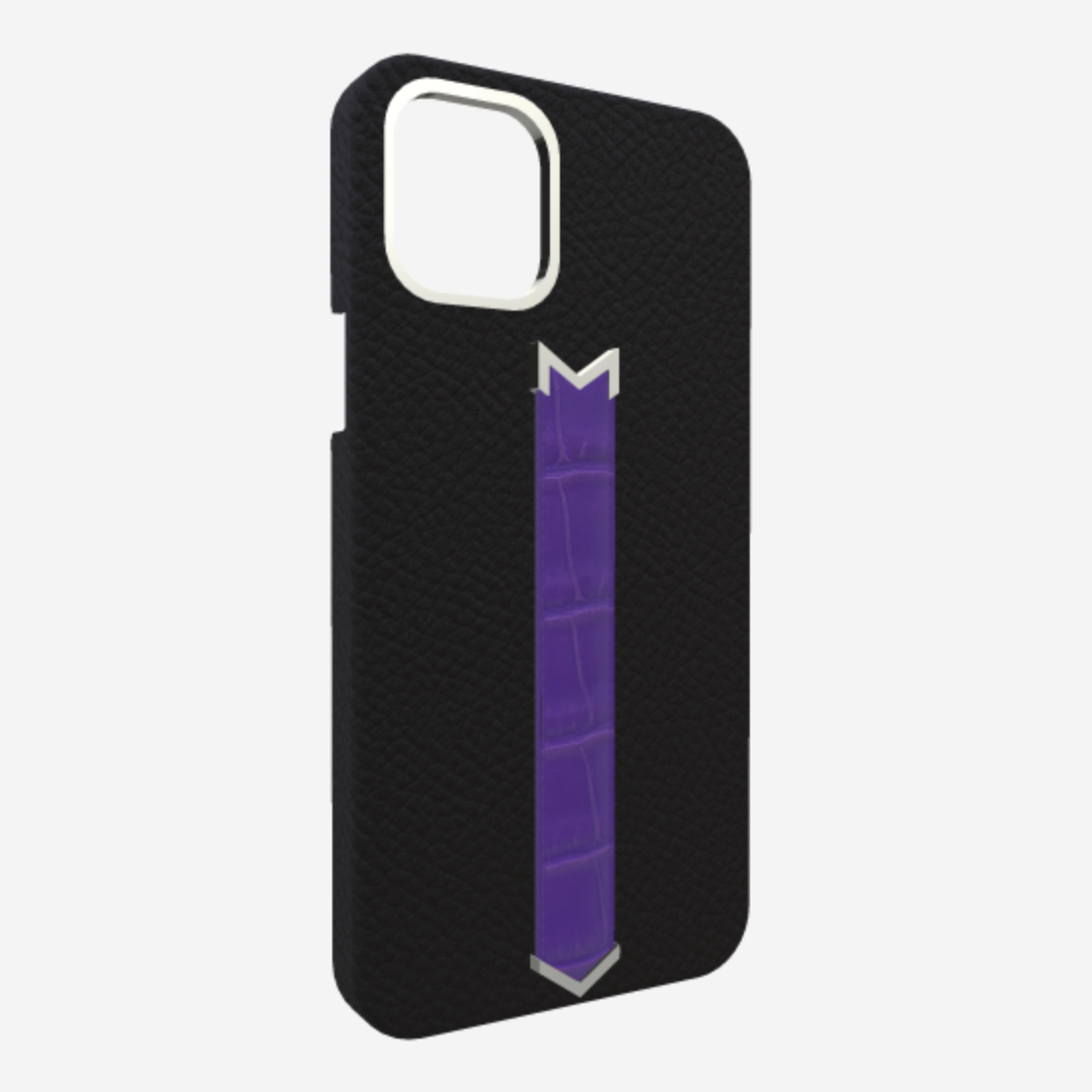 Silver Finger Strap Case for iPhone 13 in Genuine Calfskin and Alligator Bond-Black Purple-Rain 