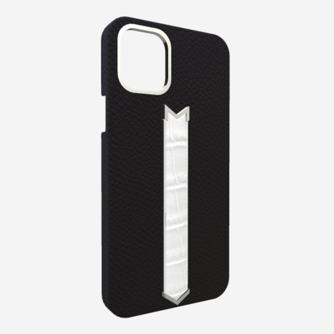 Silver Finger Strap Case for iPhone 13 in Genuine Calfskin and Alligator Bond-Black White-Angel 