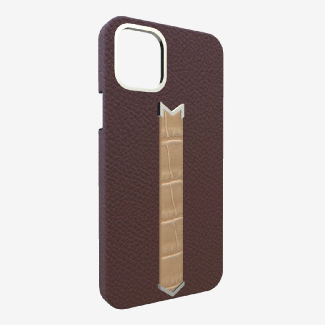 Silver Finger Strap Case for iPhone 13 in Genuine Calfskin and Alligator Borsalino-Brown Beige-Desert 