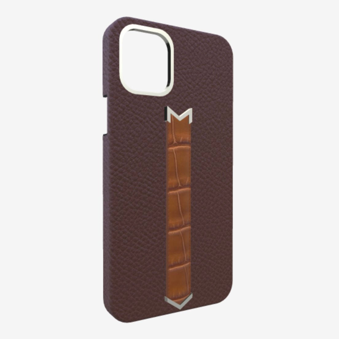 Silver Finger Strap Case for iPhone 13 in Genuine Calfskin and Alligator Borsalino-Brown Belmondo-Brown 