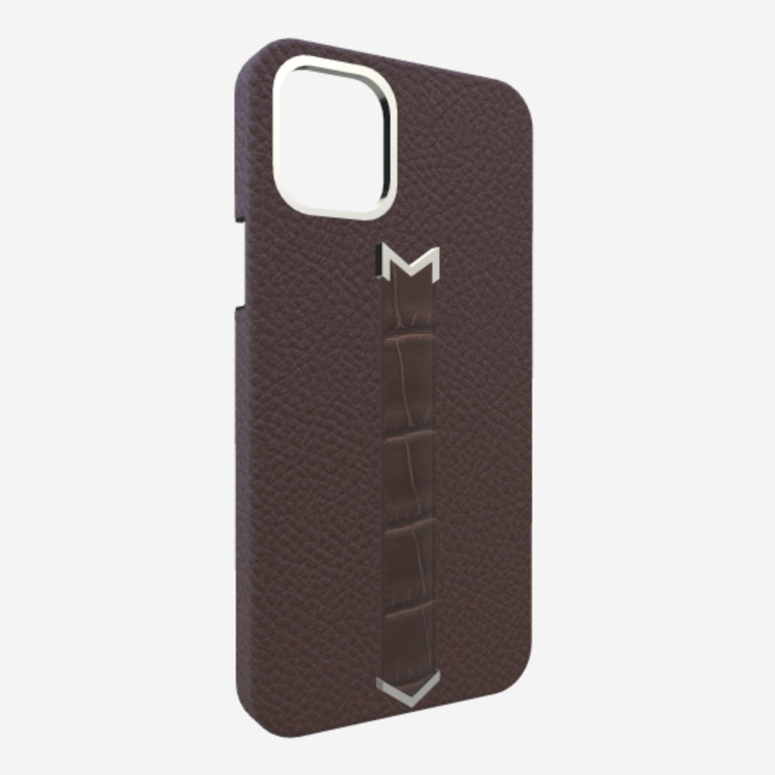 Silver Finger Strap Case for iPhone 13 in Genuine Calfskin and Alligator Borsalino-Brown Borsalino-Brown 