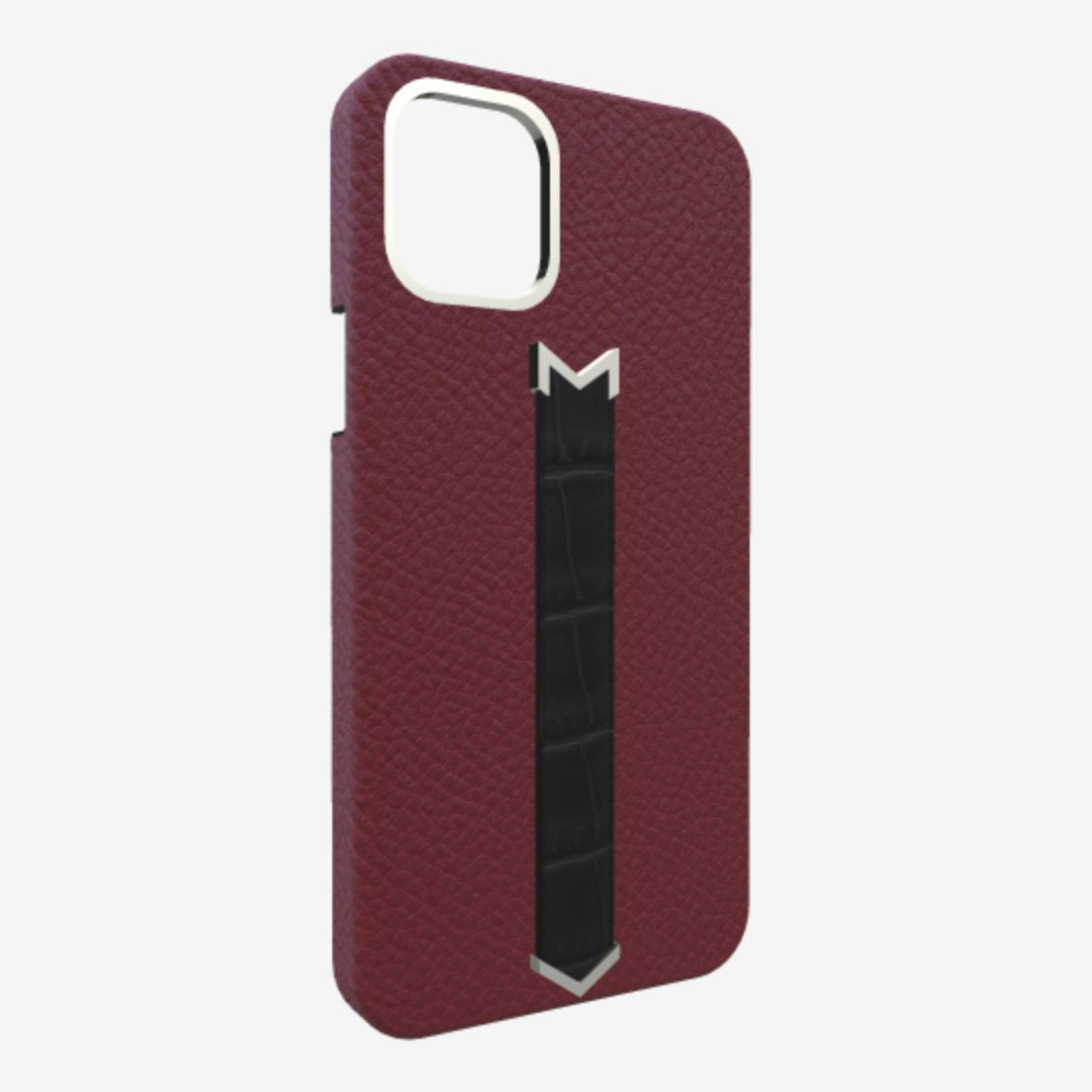 Silver Finger Strap Case for iPhone 13 in Genuine Calfskin and Alligator Burgundy-Palace Bond-Black 