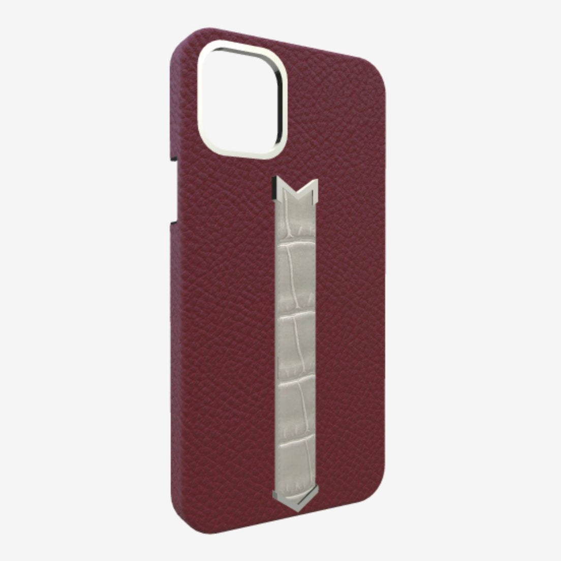 Silver Finger Strap Case for iPhone 13 in Genuine Calfskin and Alligator Burgundy-Palace Pearl-Grey 