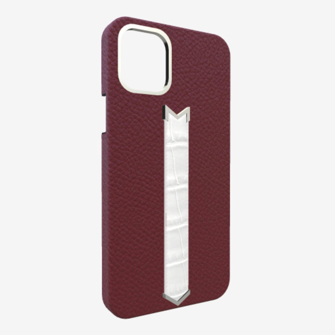 Silver Finger Strap Case for iPhone 13 in Genuine Calfskin and Alligator Burgundy-Palace White-Angel 
