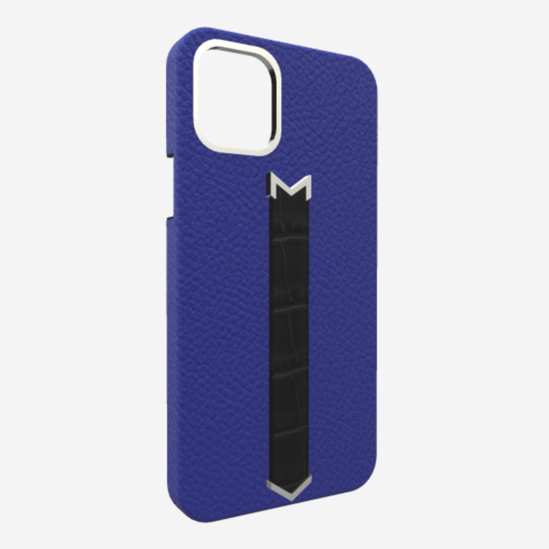 Silver Finger Strap Case for iPhone 13 in Genuine Calfskin and Alligator Electric-Blue Bond-Black 