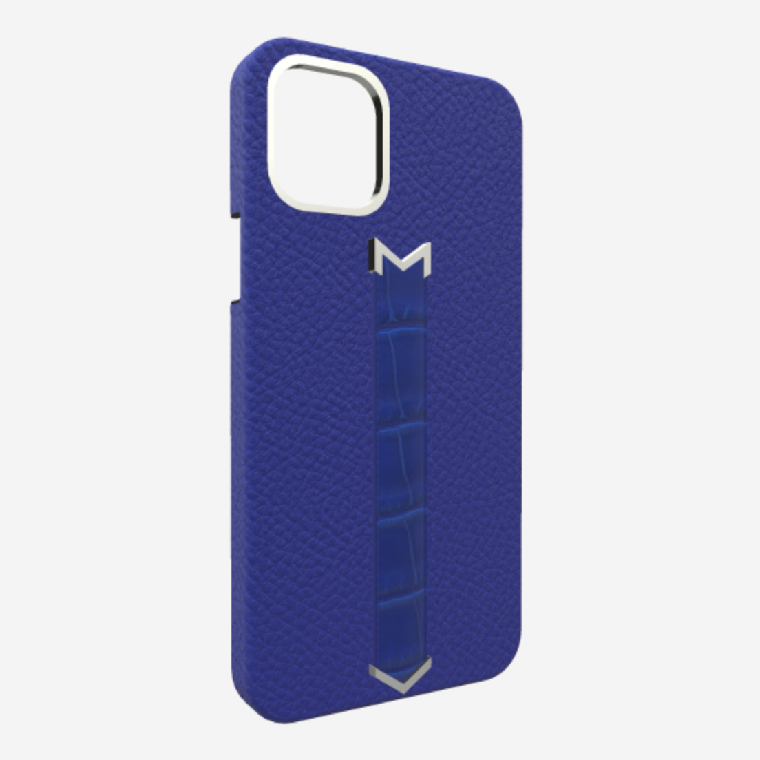 Silver Finger Strap Case for iPhone 13 in Genuine Calfskin and Alligator Electric-Blue Electric-Blue 