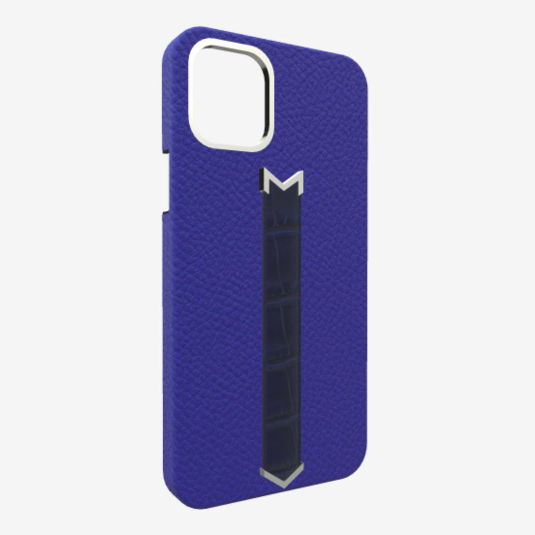 Silver Finger Strap Case for iPhone 13 in Genuine Calfskin and Alligator Electric-Blue Navy-Blue 