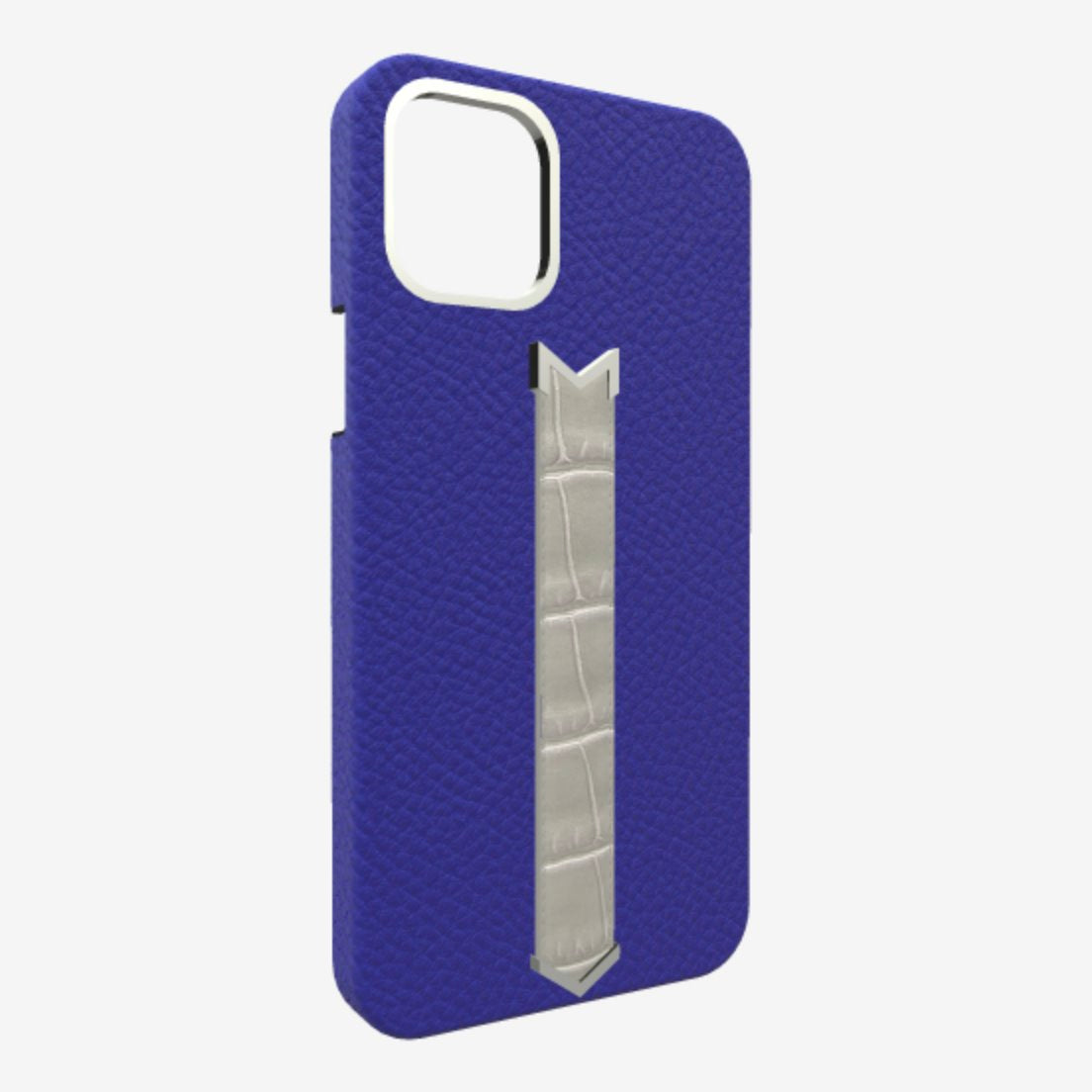 Silver Finger Strap Case for iPhone 13 in Genuine Calfskin and Alligator Electric-Blue Pearl-Grey 