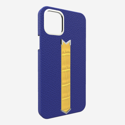 Silver Finger Strap Case for iPhone 13 in Genuine Calfskin and Alligator Electric-Blue Summer-Yellow 