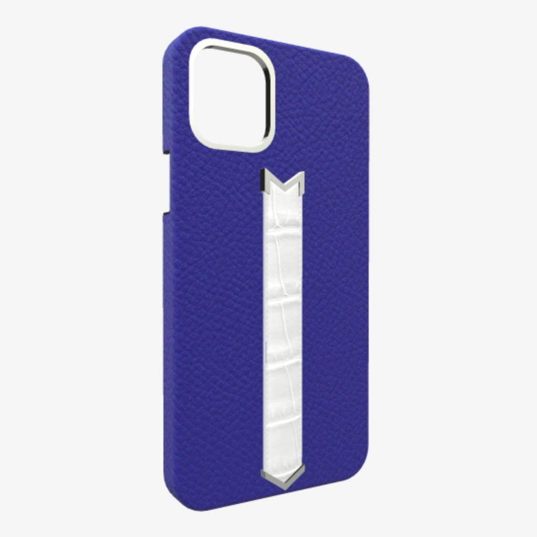 Silver Finger Strap Case for iPhone 13 in Genuine Calfskin and Alligator Electric-Blue White-Angel 