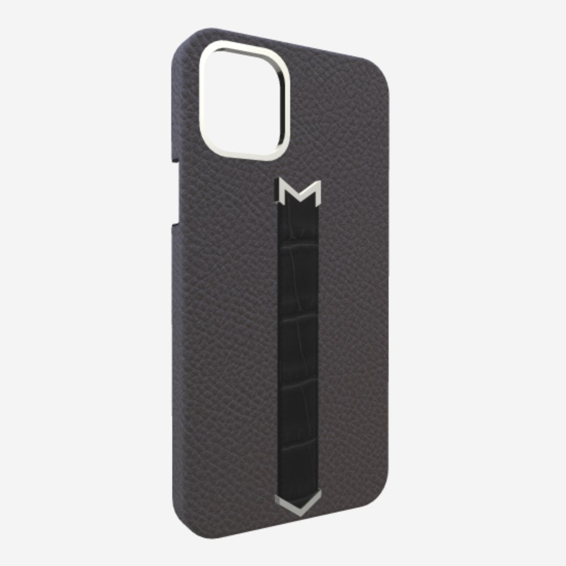 Silver Finger Strap Case for iPhone 13 in Genuine Calfskin and Alligator Elite-Grey Bond-Black 