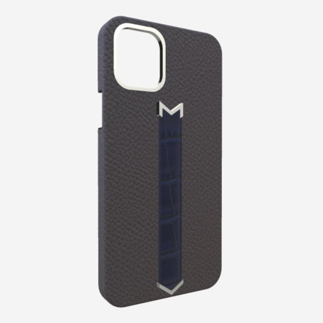 Silver Finger Strap Case for iPhone 13 in Genuine Calfskin and Alligator Elite-Grey Navy-Blue 