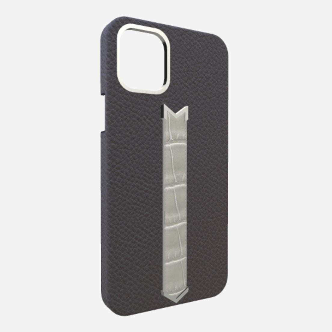 Silver Finger Strap Case for iPhone 13 in Genuine Calfskin and Alligator Elite-Grey Pearl-Grey 