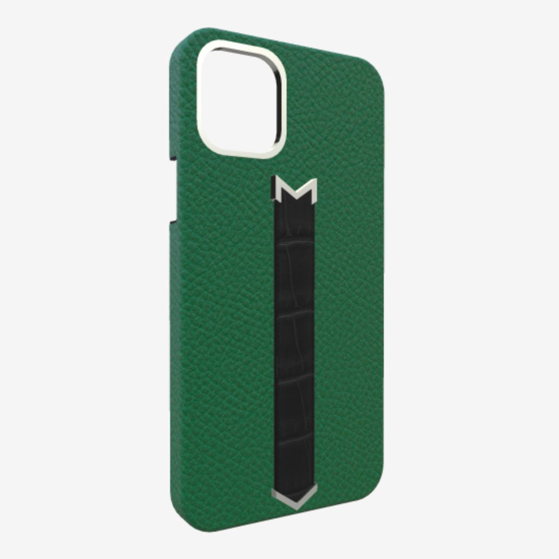Silver Finger Strap Case for iPhone 13 in Genuine Calfskin and Alligator Emerald-Green Bond-Black 