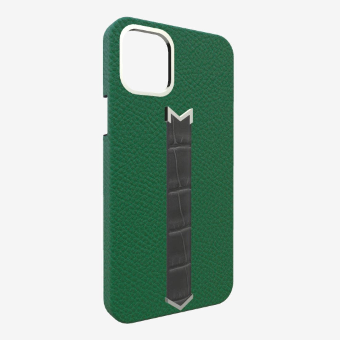 Silver Finger Strap Case for iPhone 13 in Genuine Calfskin and Alligator Emerald-Green Elite-Grey 