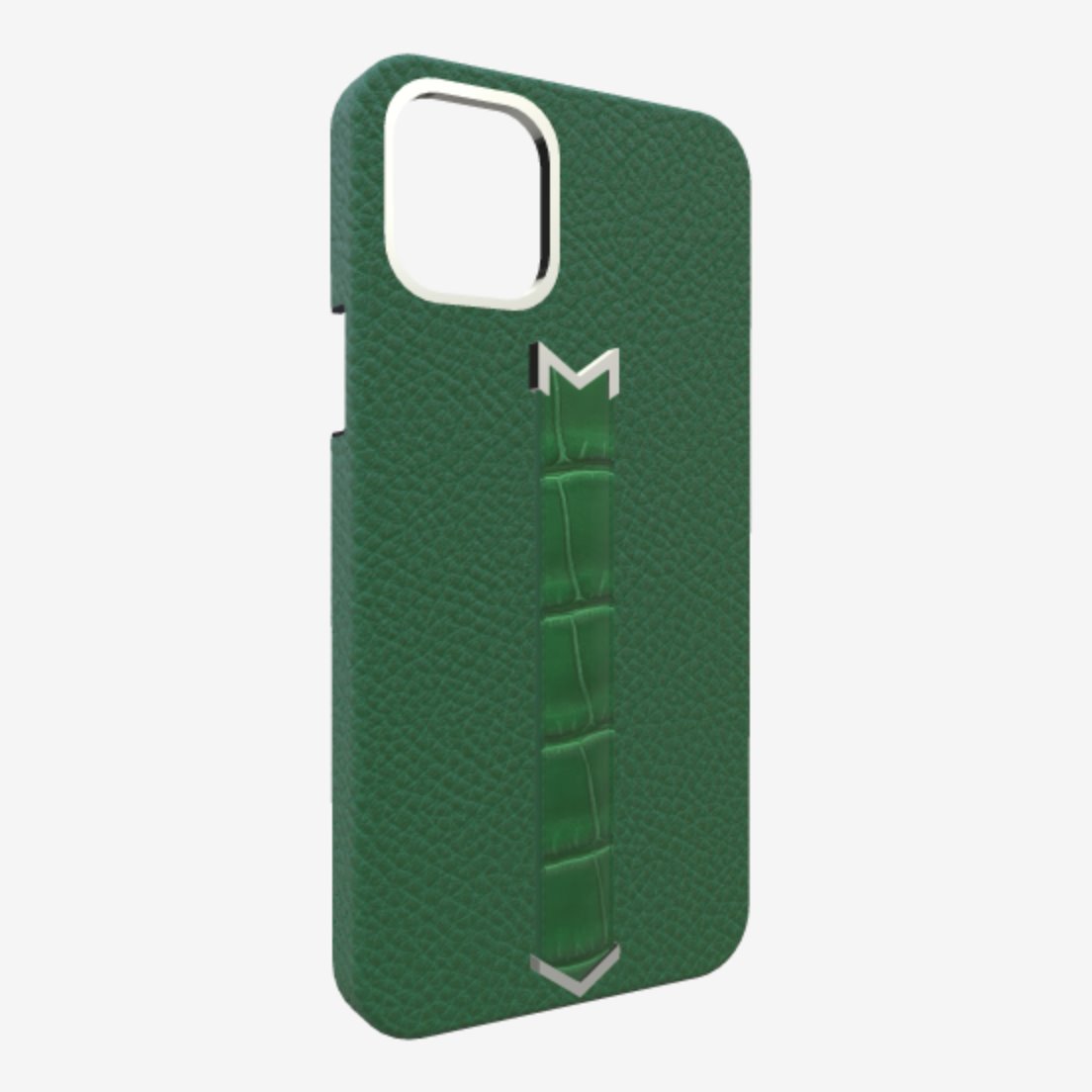 Silver Finger Strap Case for iPhone 13 in Genuine Calfskin and Alligator Emerald-Green Emerald-Green 