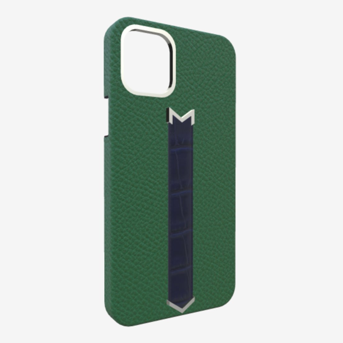Silver Finger Strap Case for iPhone 13 in Genuine Calfskin and Alligator Emerald-Green Navy-Blue 
