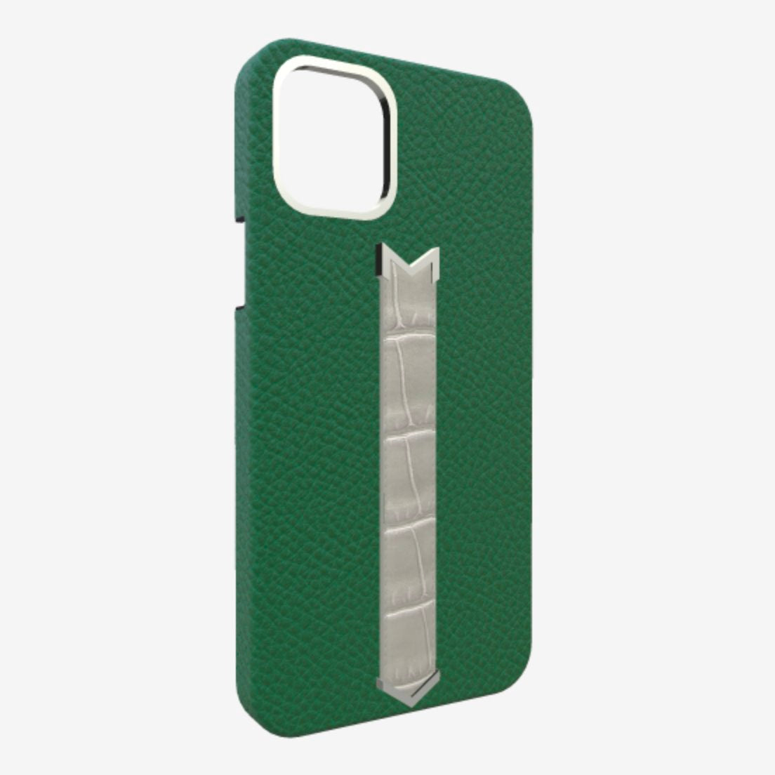 Silver Finger Strap Case for iPhone 13 in Genuine Calfskin and Alligator Emerald-Green Pearl-Grey 