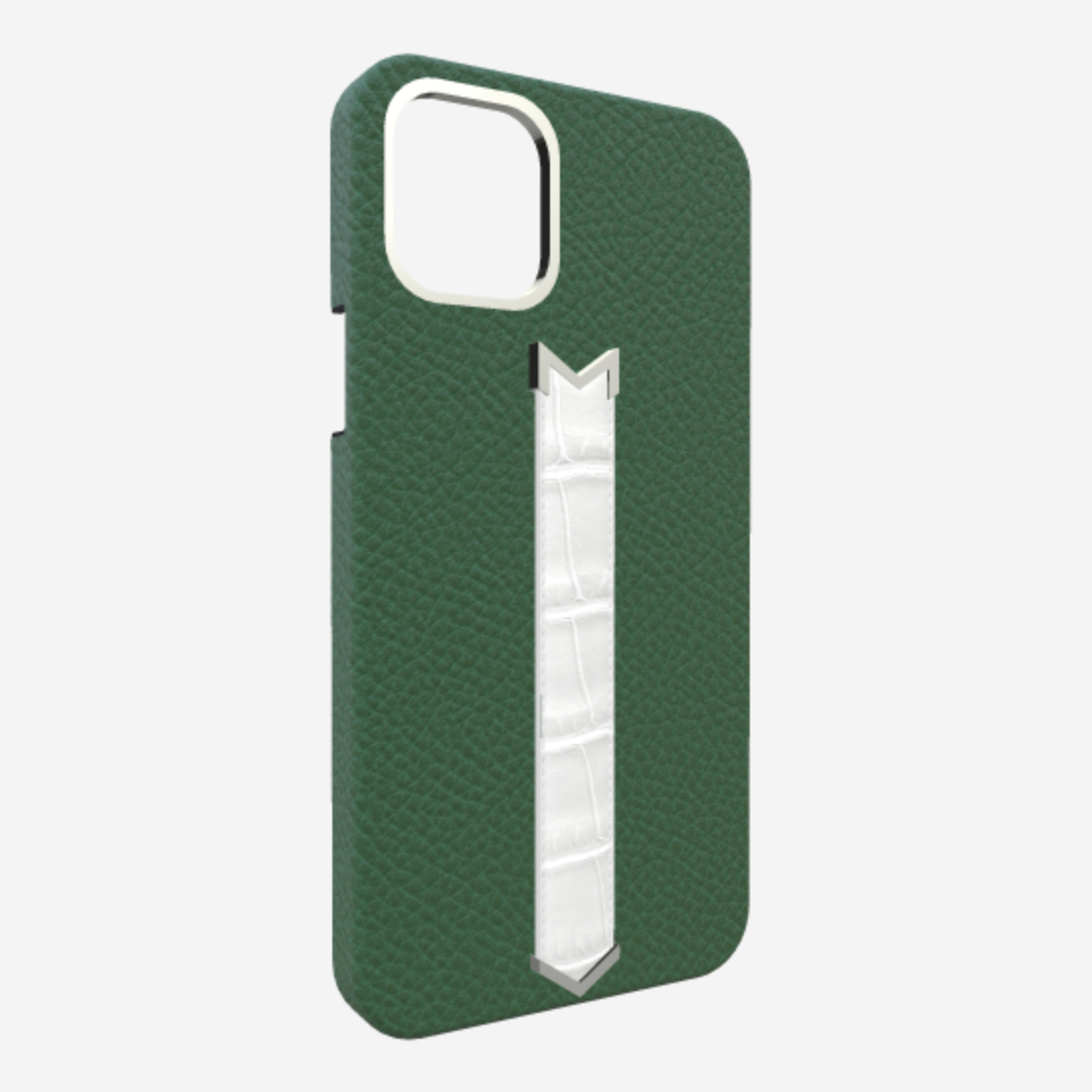 Silver Finger Strap Case for iPhone 13 in Genuine Calfskin and Alligator Emerald-Green White-Angel 