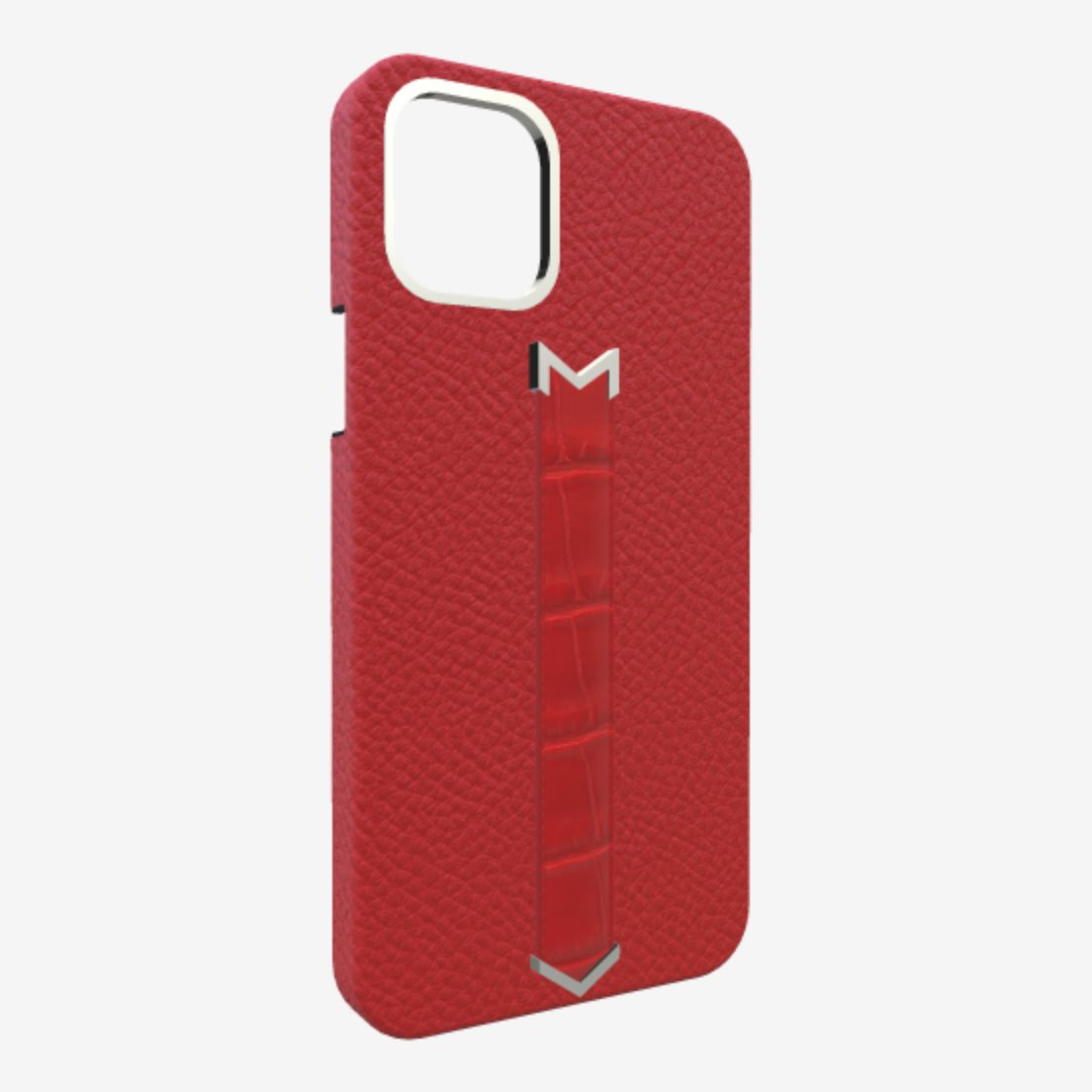 Silver Finger Strap Case for iPhone 13 in Genuine Calfskin and Alligator Glamour-Red Glamour-Red 