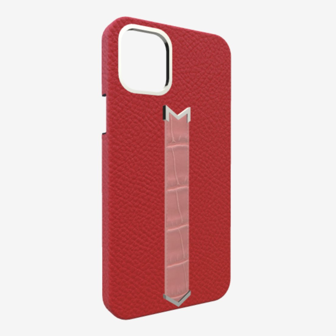 Silver Finger Strap Case for iPhone 13 in Genuine Calfskin and Alligator Glamour-Red Sweet-Rose 