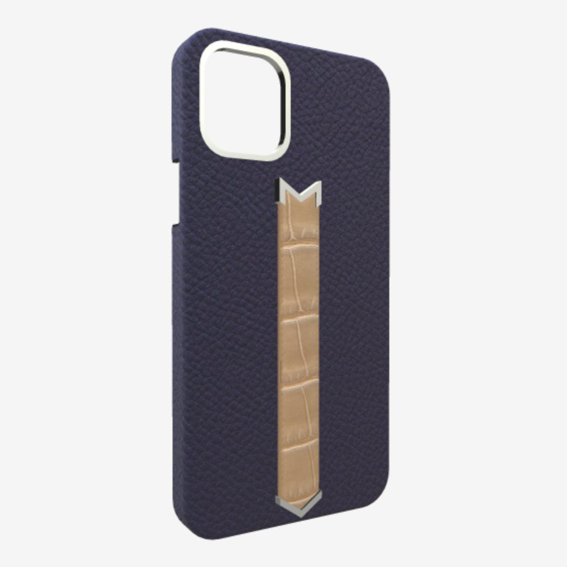 Silver Finger Strap Case for iPhone 13 in Genuine Calfskin and Alligator Navy-Blue Beige-Desert 