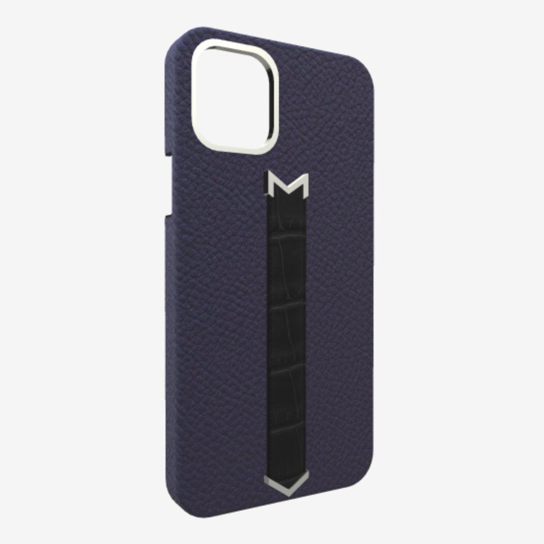 Silver Finger Strap Case for iPhone 13 in Genuine Calfskin and Alligator Navy-Blue Bond-Black 