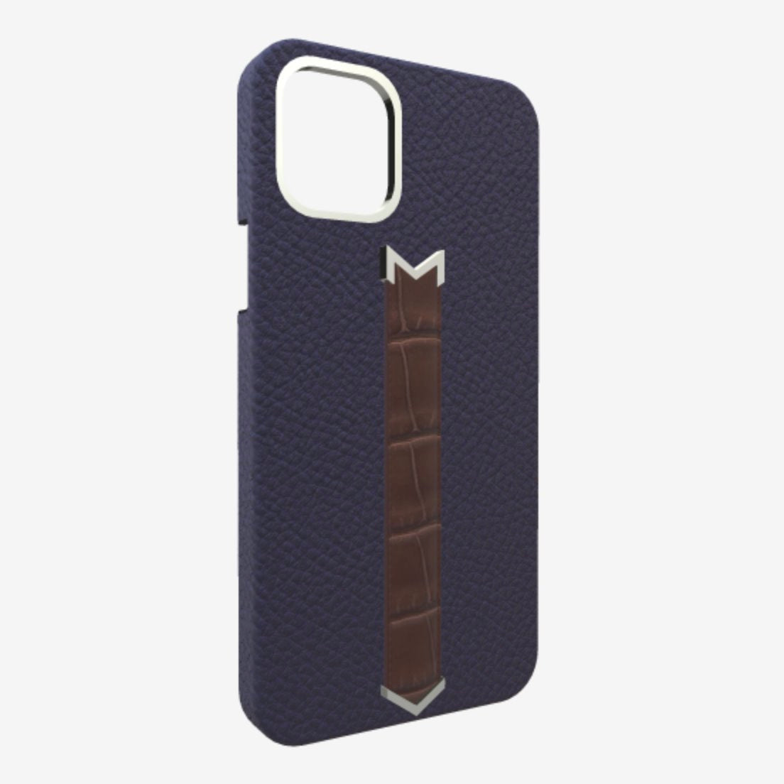 Silver Finger Strap Case for iPhone 13 in Genuine Calfskin and Alligator Navy-Blue Borsalino-Brown 