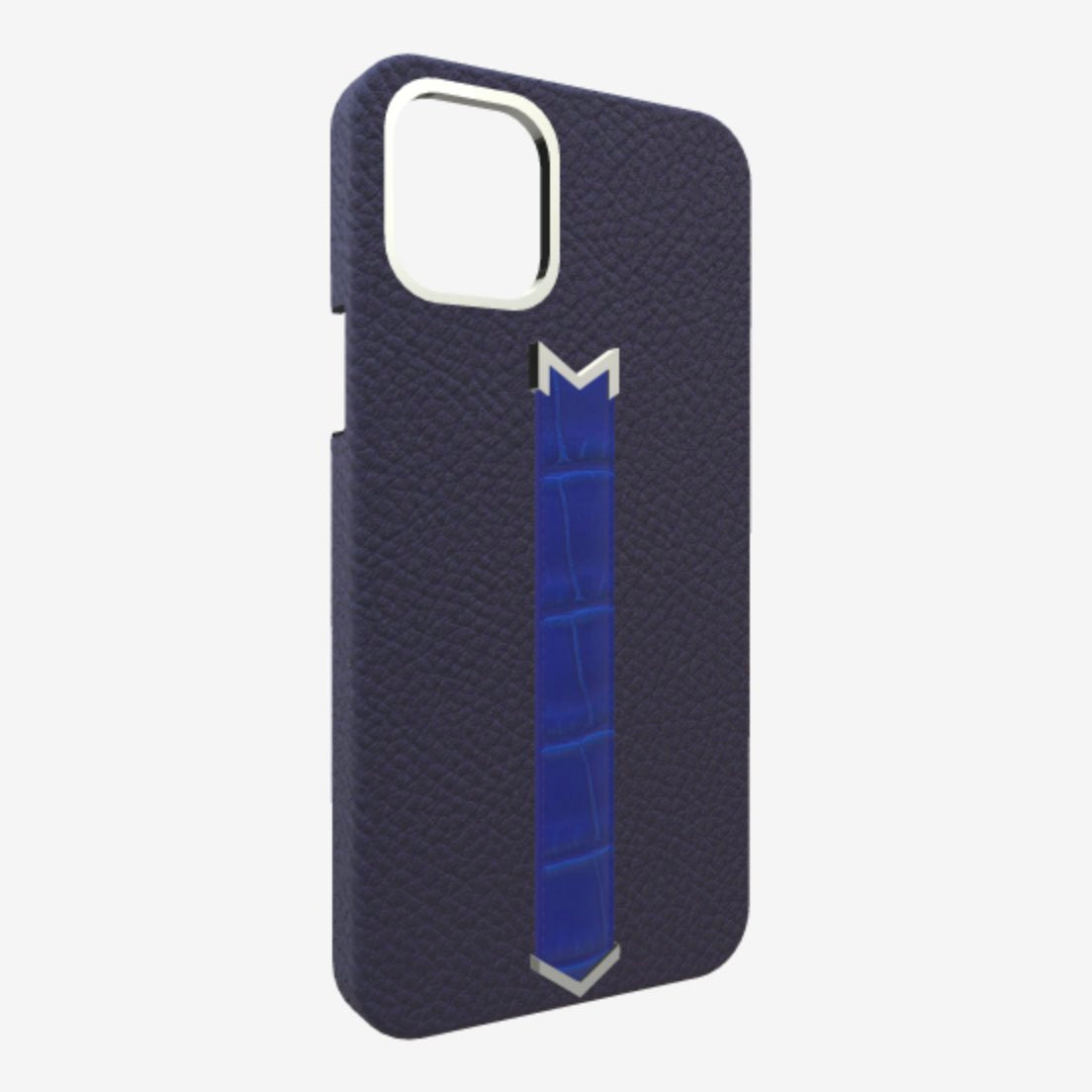 Silver Finger Strap Case for iPhone 13 in Genuine Calfskin and Alligator Navy-Blue Electric-Blue 