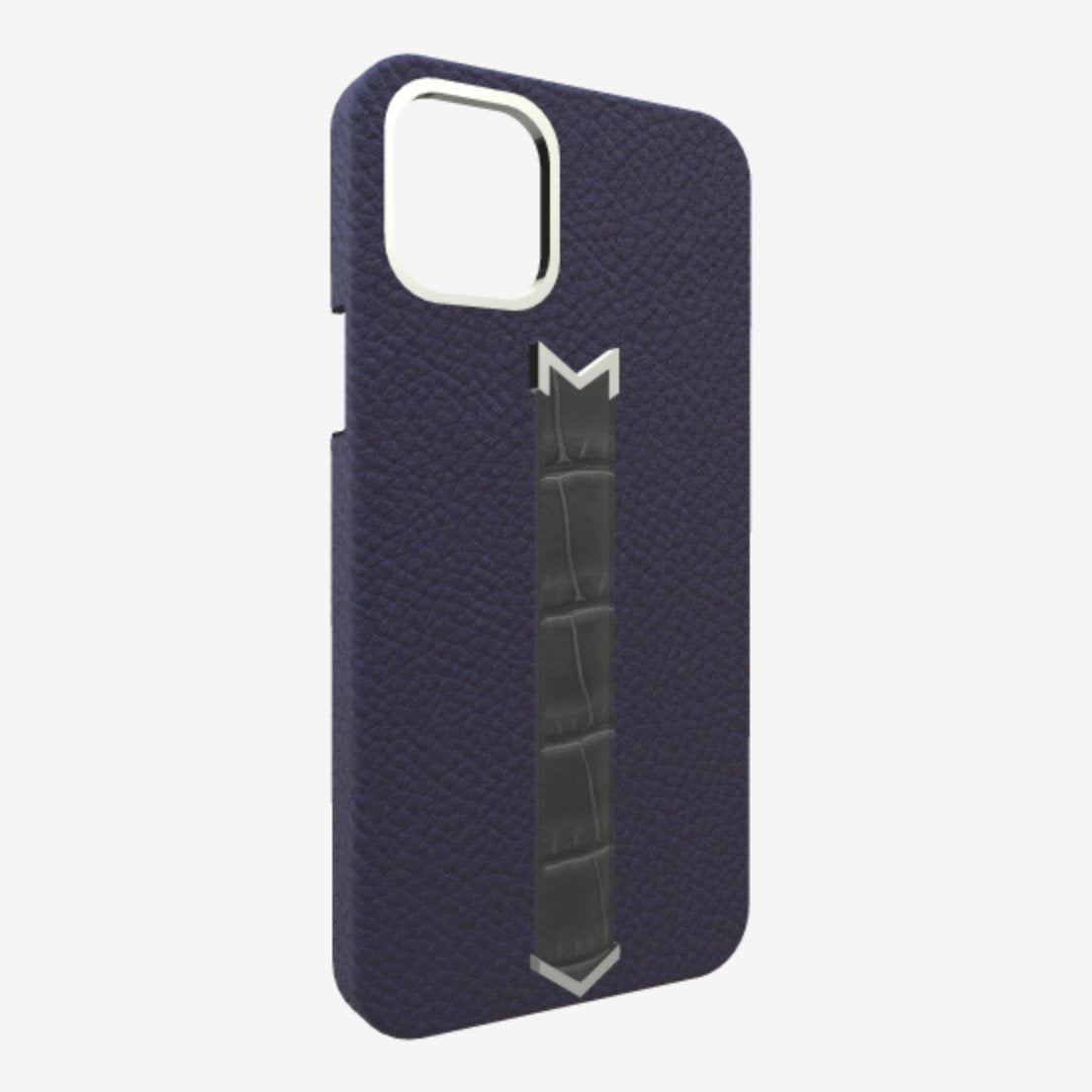 Silver Finger Strap Case for iPhone 13 in Genuine Calfskin and Alligator Navy-Blue Elite-Grey 