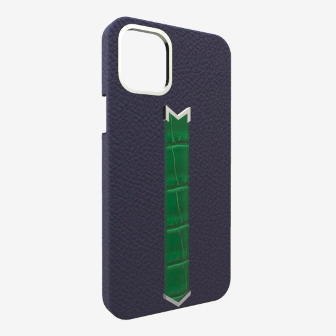 Silver Finger Strap Case for iPhone 13 in Genuine Calfskin and Alligator Navy-Blue Emerald-Green 