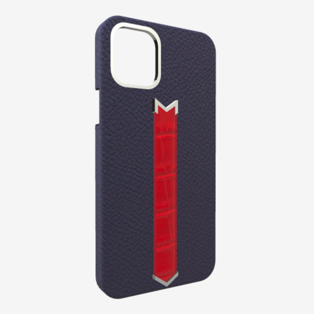 Silver Finger Strap Case for iPhone 13 in Genuine Calfskin and Alligator Navy-Blue Glamour-Red 