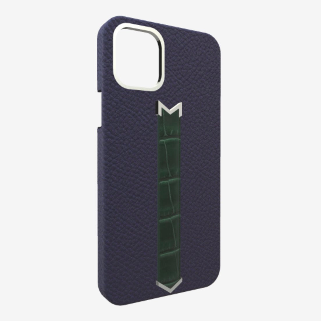 Silver Finger Strap Case for iPhone 13 in Genuine Calfskin and Alligator Navy-Blue Jungle-Green 