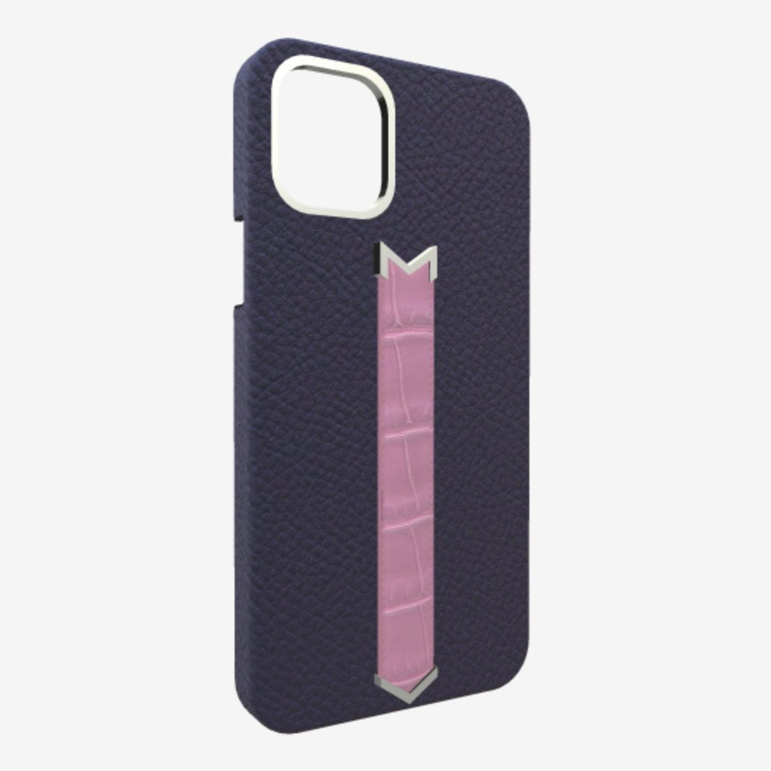 Silver Finger Strap Case for iPhone 13 in Genuine Calfskin and Alligator Navy-Blue Lavender-Laugh 