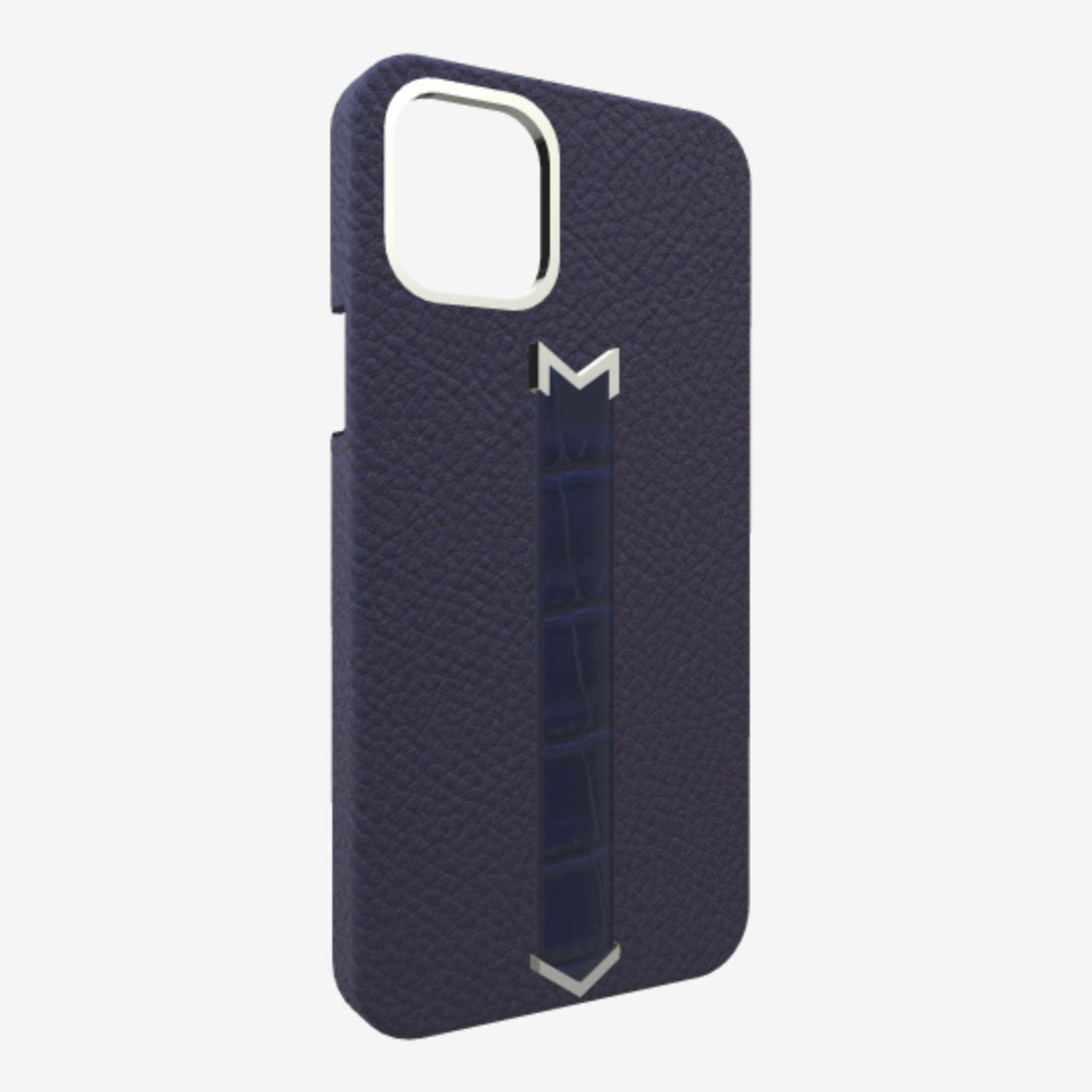 Silver Finger Strap Case for iPhone 13 in Genuine Calfskin and Alligator Navy-Blue Navy-Blue 