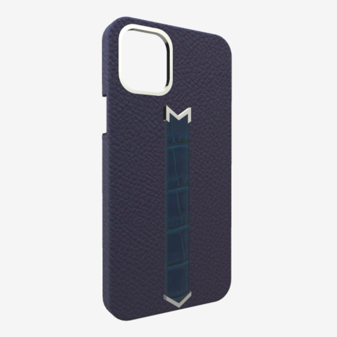 Silver Finger Strap Case for iPhone 13 in Genuine Calfskin and Alligator Navy-Blue Night-Blue 