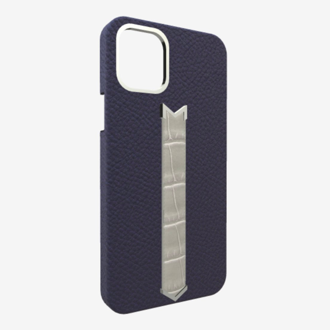 Silver Finger Strap Case for iPhone 13 in Genuine Calfskin and Alligator Navy-Blue Pearl-Grey 