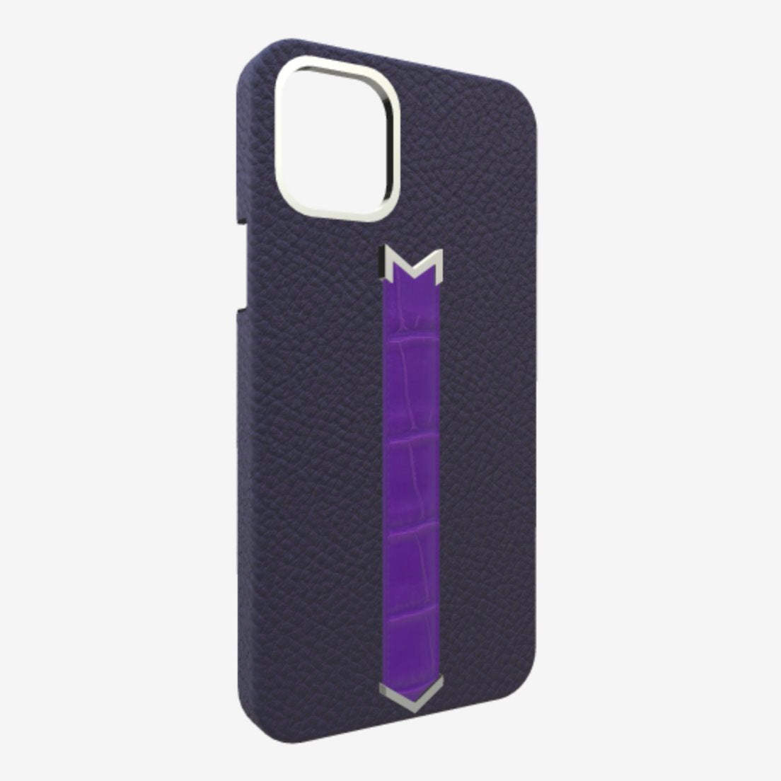 Silver Finger Strap Case for iPhone 13 in Genuine Calfskin and Alligator Navy-Blue Purple-Rain 