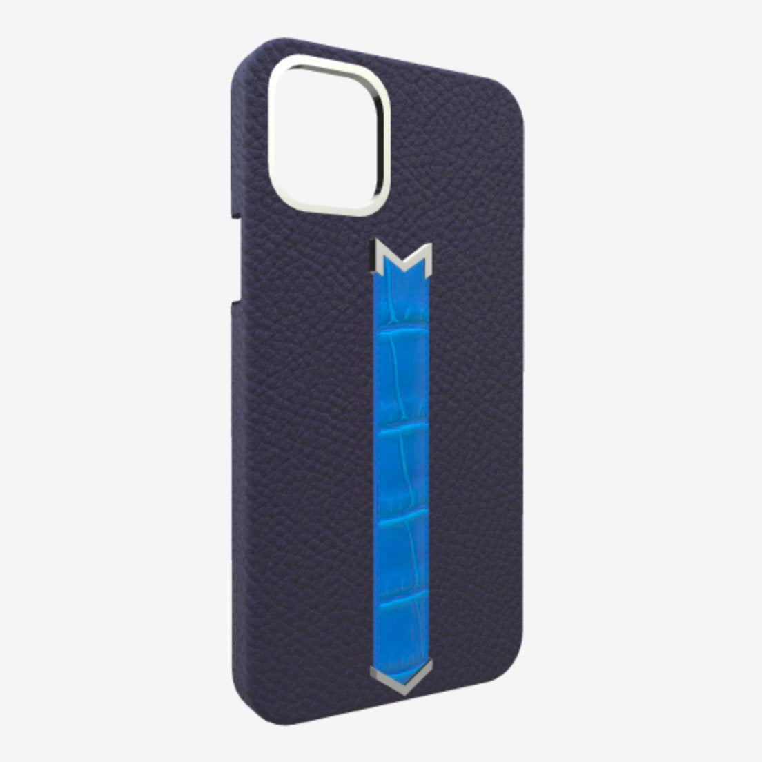 Silver Finger Strap Case for iPhone 13 in Genuine Calfskin and Alligator Navy-Blue Royal-Blue 