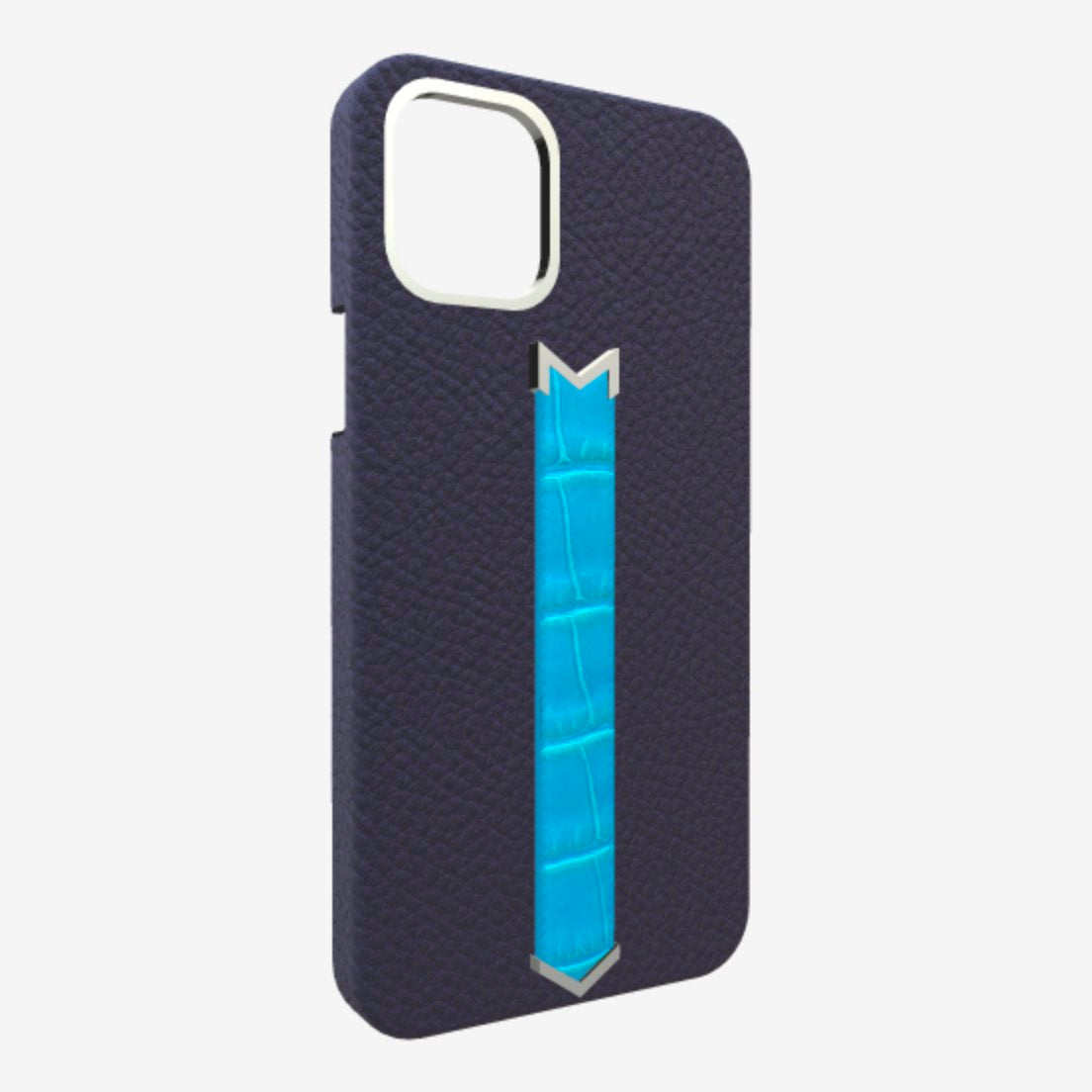 Silver Finger Strap Case for iPhone 13 in Genuine Calfskin and Alligator Navy-Blue Tropical-Blue 