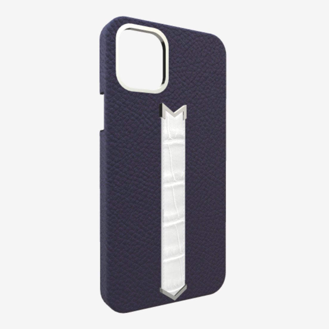 Silver Finger Strap Case for iPhone 13 in Genuine Calfskin and Alligator Navy-Blue White-Angel 