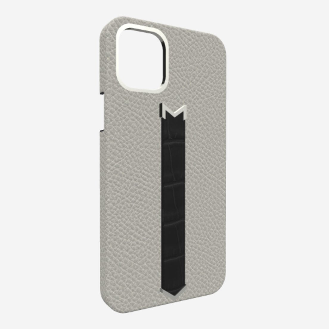 Silver Finger Strap Case for iPhone 13 in Genuine Calfskin and Alligator Pearl-Grey Bond-Black 