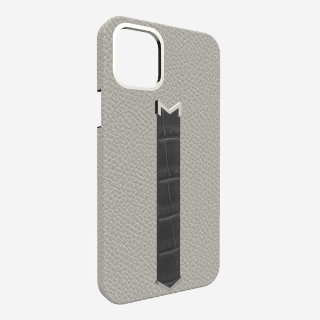 Silver Finger Strap Case for iPhone 13 in Genuine Calfskin and Alligator Pearl-Grey Elite-Grey 